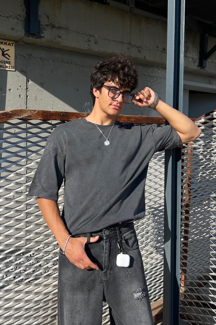 Acid Wash Premium Basic Antrasit Oversize Tişört