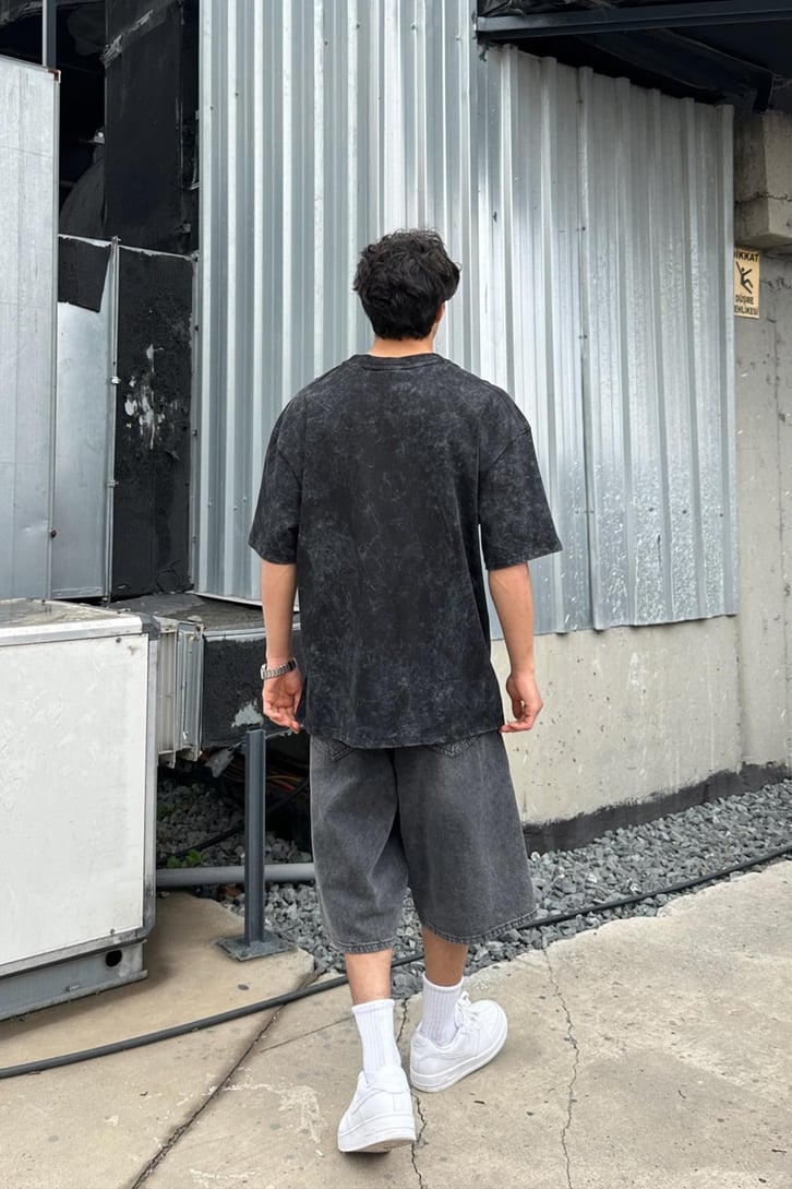 Acid Wash Skull Nakışlı Oversize Tişört