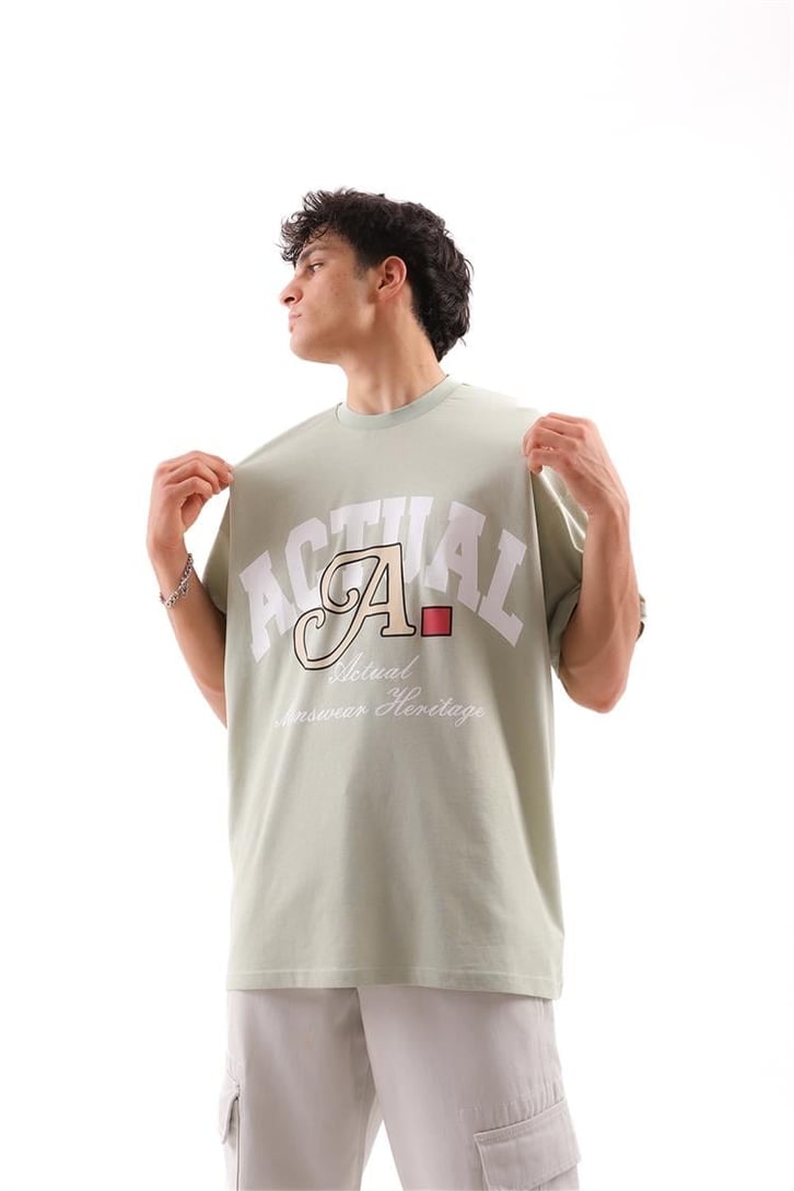 Actual A Baskılı Açık Yeşil Oversize Tshirt