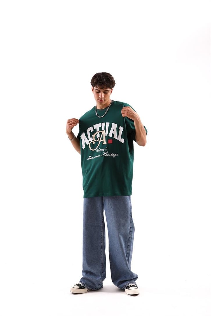 Actual A Baskılı Açık Yeşil Oversize Tshirt