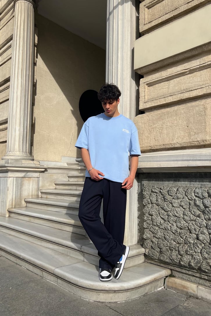 Actual Baskılı Mavi Oversize Tişört