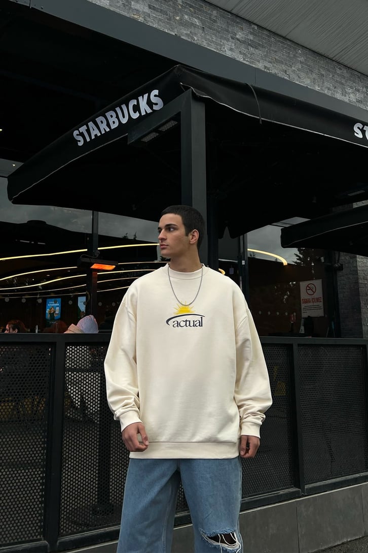 Actual Baskılı Taş Rengi Oversize Sweatshirt