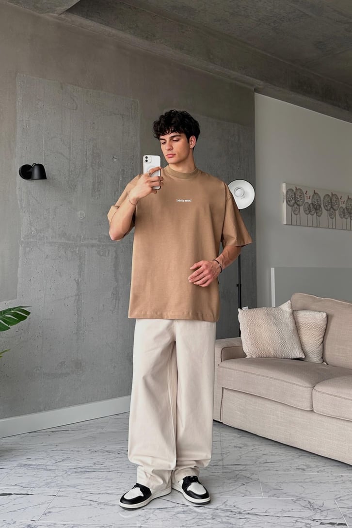 Adult S Swim Baskılı Camel Oversize Tişört