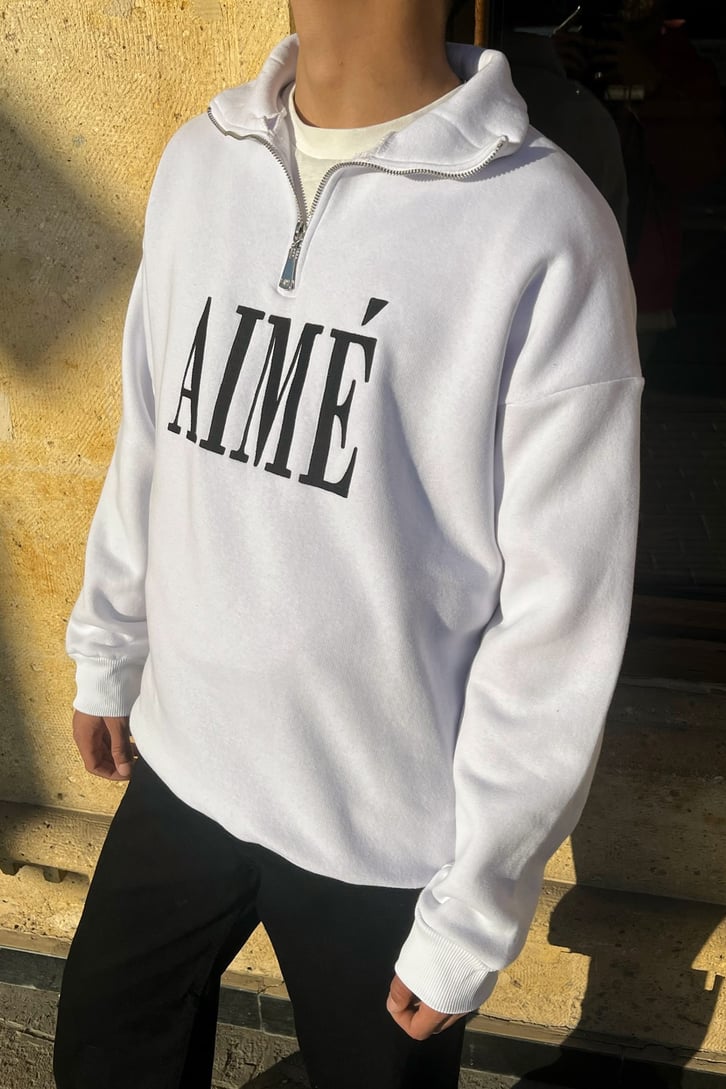 Aime Nakışlı Half-Zip Beyaz Sweatshirt