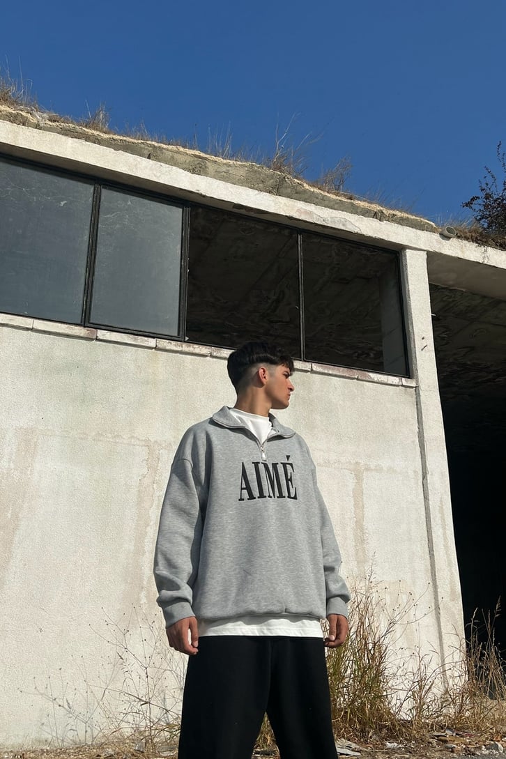 Aime Nakışlı Half-Zip Gri Sweatshirt