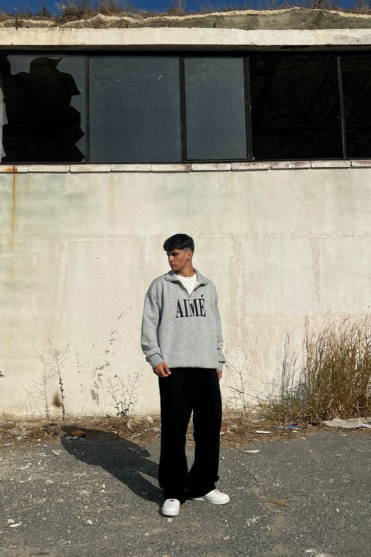 Aime Nakışlı Half-Zip Gri Sweatshirt