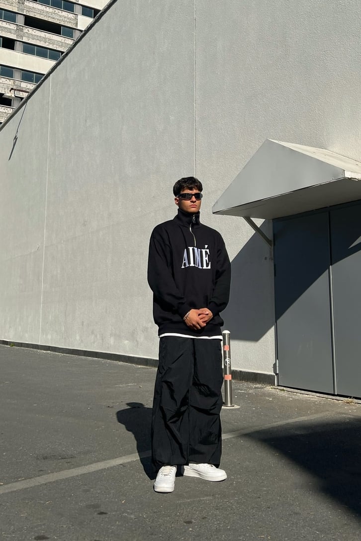 Aime Nakışlı Half-Zip Siyah Sweatshirt