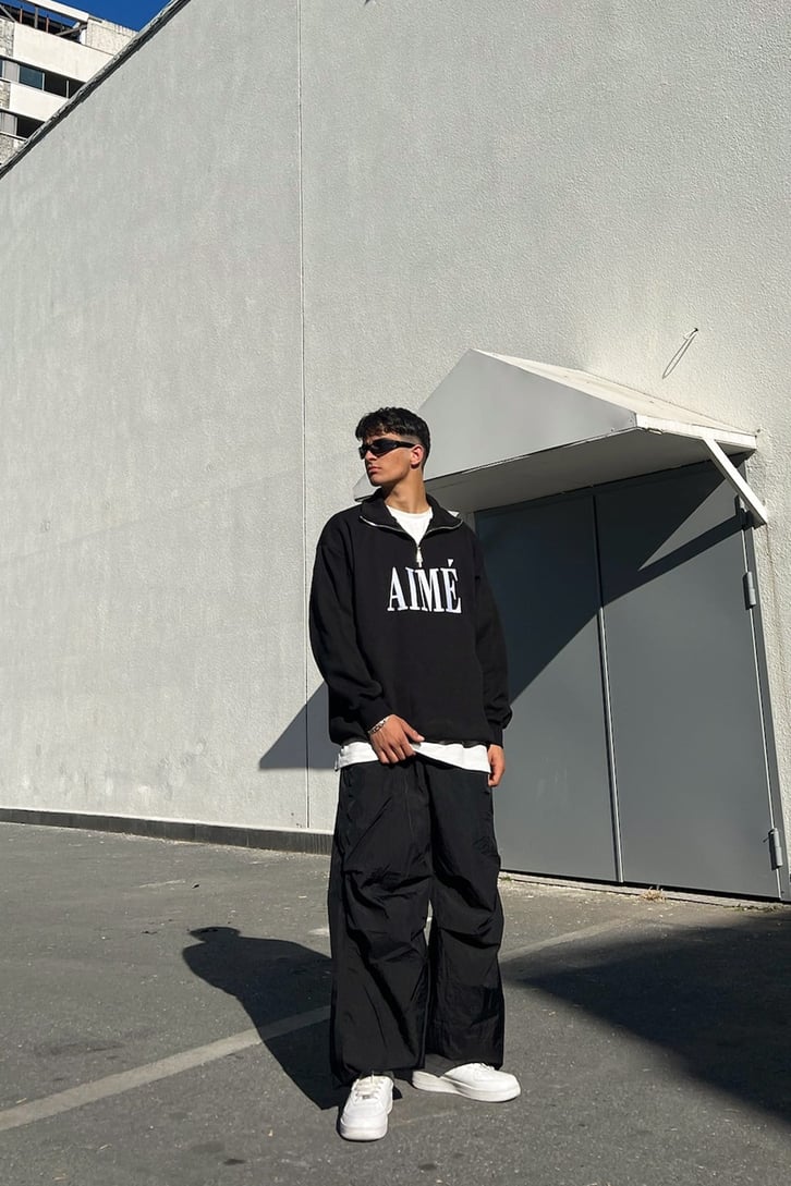 Aime Nakışlı Half-Zip Siyah Sweatshirt