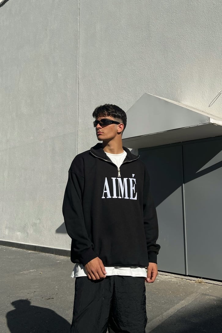 Aime Nakışlı Half-Zip Siyah Sweatshirt
