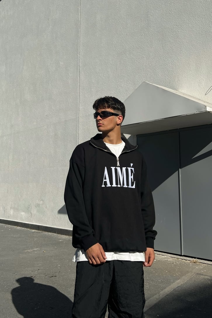 Aime Nakışlı Half-Zip Siyah Sweatshirt