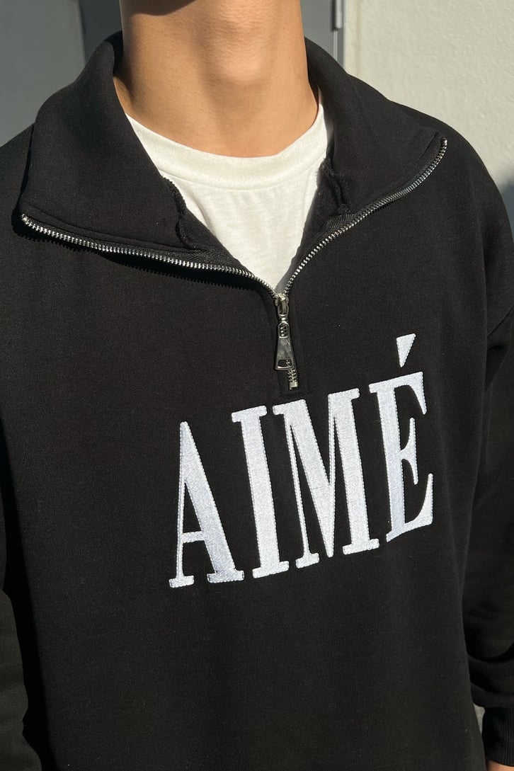 Aime Nakışlı Half-Zip Siyah Sweatshirt