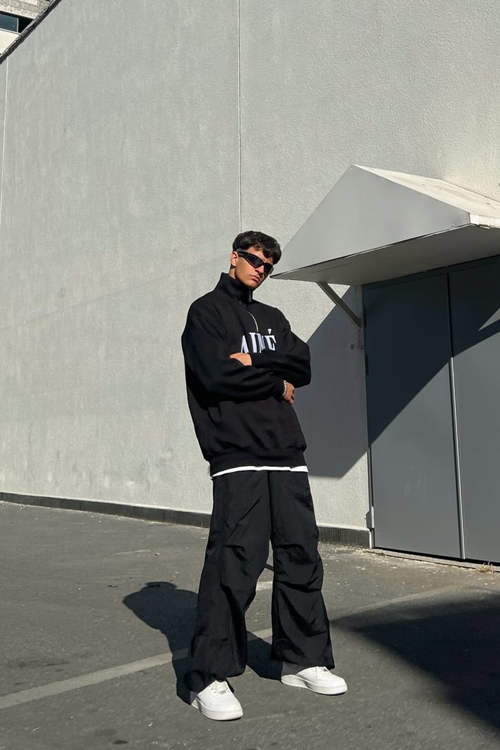Aime Nakışlı Half-Zip Siyah Sweatshirt