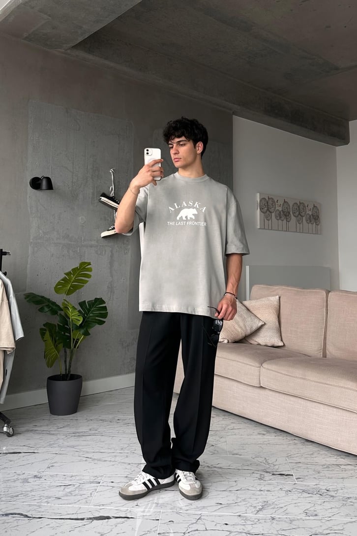 Alaska Baskılı Gri Oversize Tişört