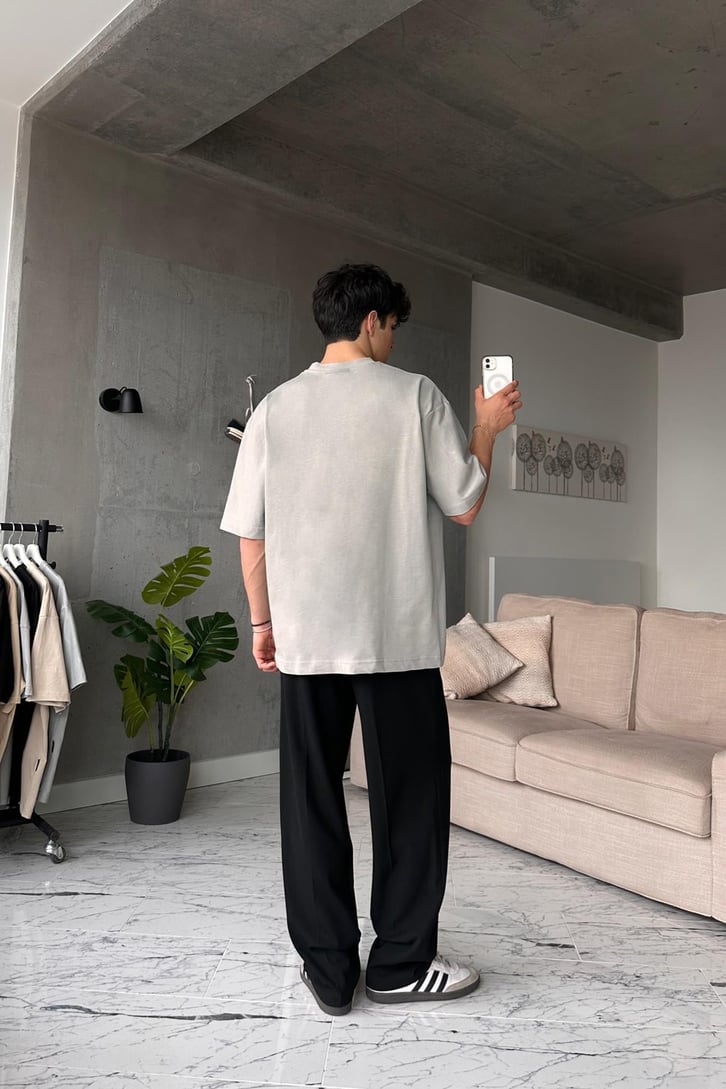 Alaska Baskılı Gri Oversize Tişört