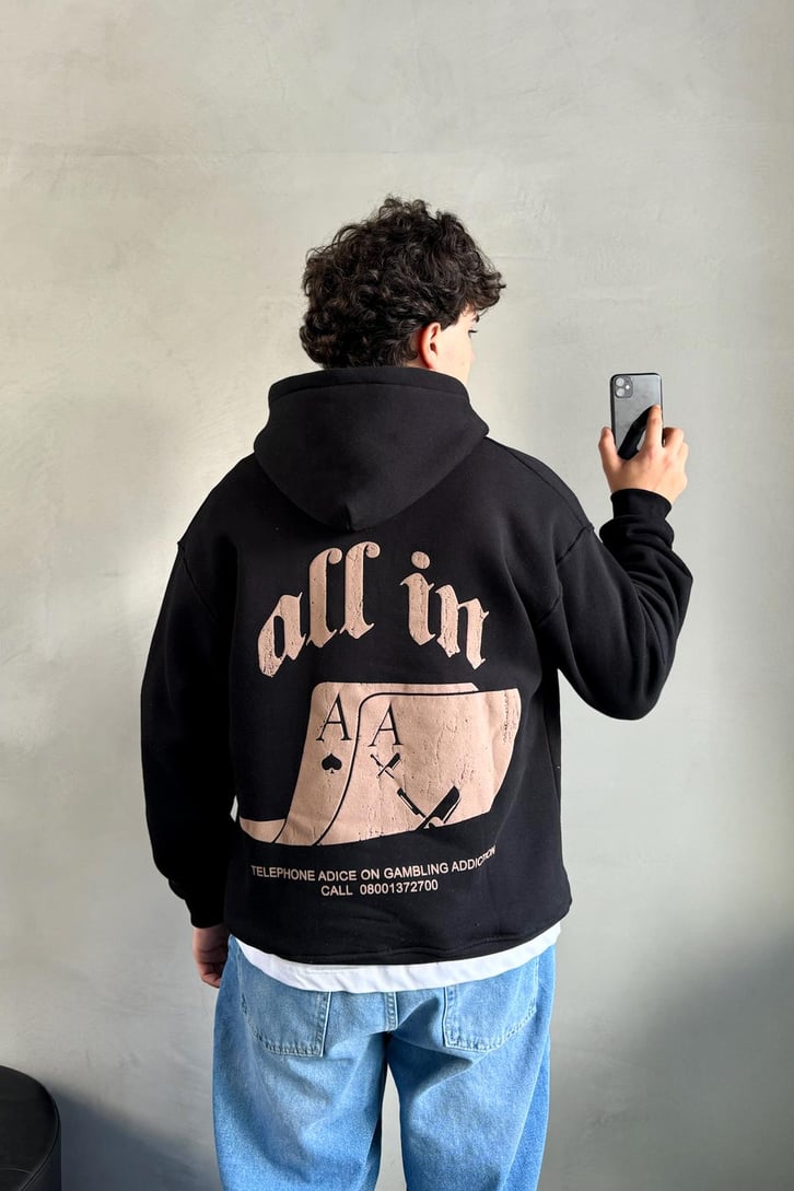 All İn Sırt  Baskılı Oversize Hoodie