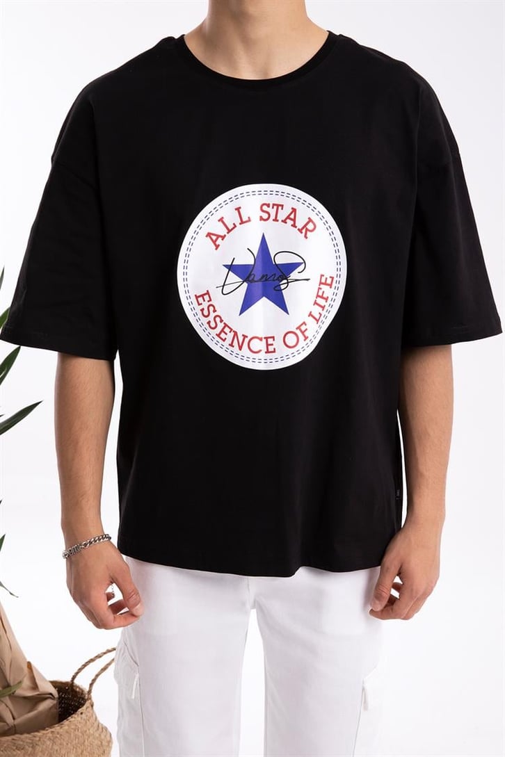 All Star Baskılı Siyah Oversize Tişört