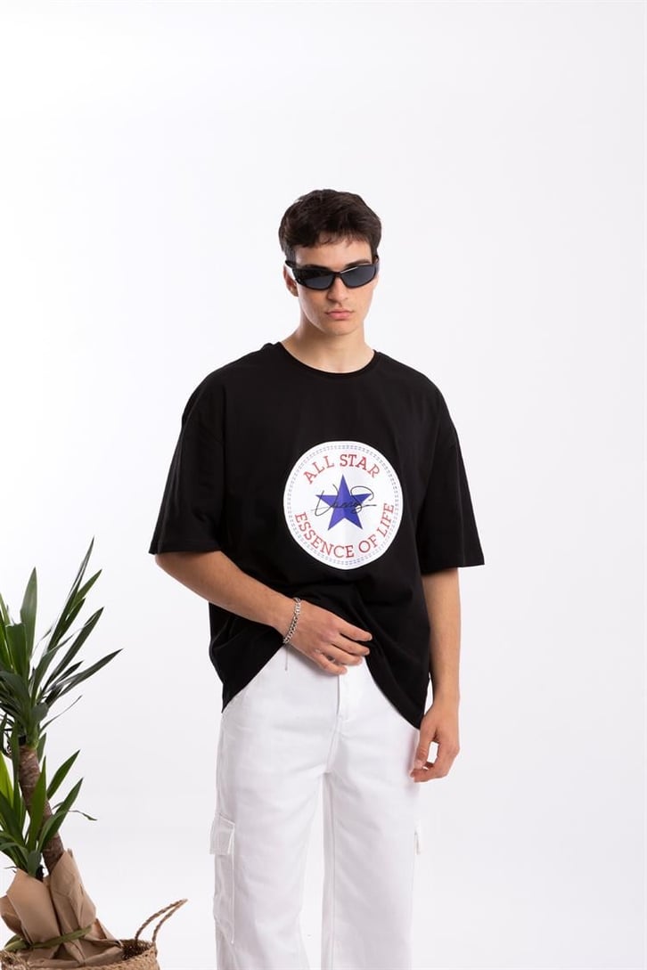 All Star Baskılı Siyah Oversize Tişört