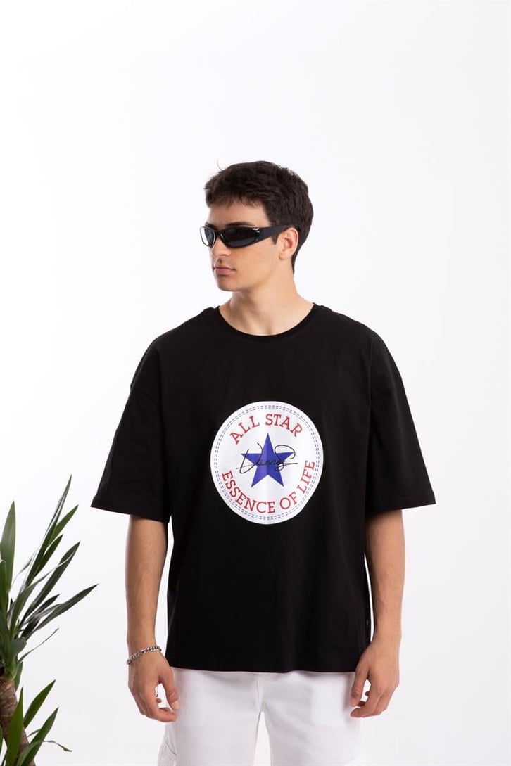 All Star Baskılı Siyah Oversize Tişört
