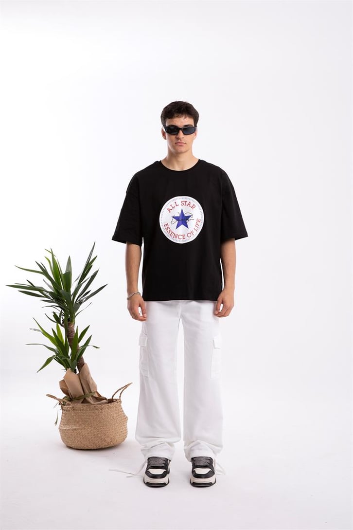 All Star Baskılı Siyah Oversize Tişört