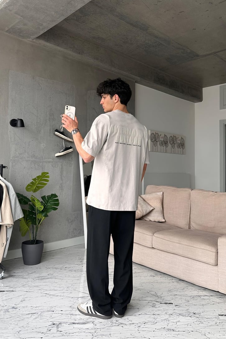 Alternative Baskılı Buz Gri Oversize Tişört