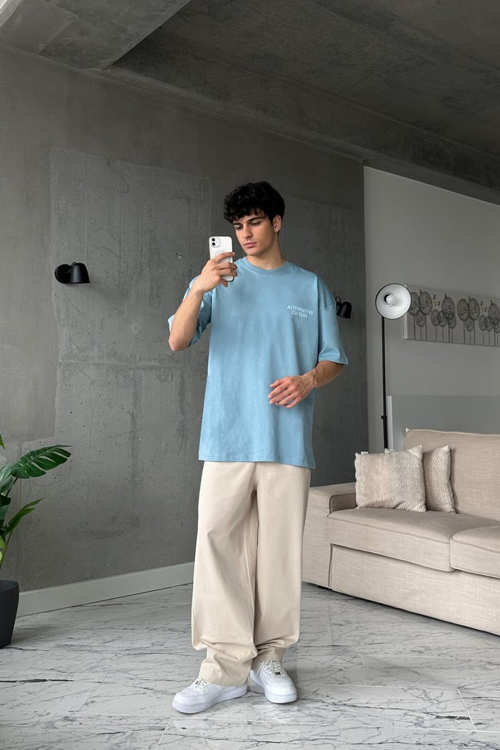 Alternative Baskılı Mavi Oversize Tişört