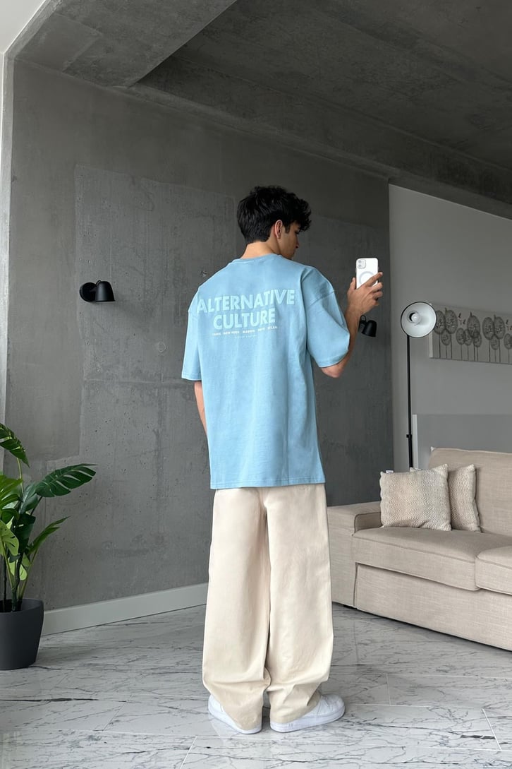 Alternative Baskılı Mavi Oversize Tişört