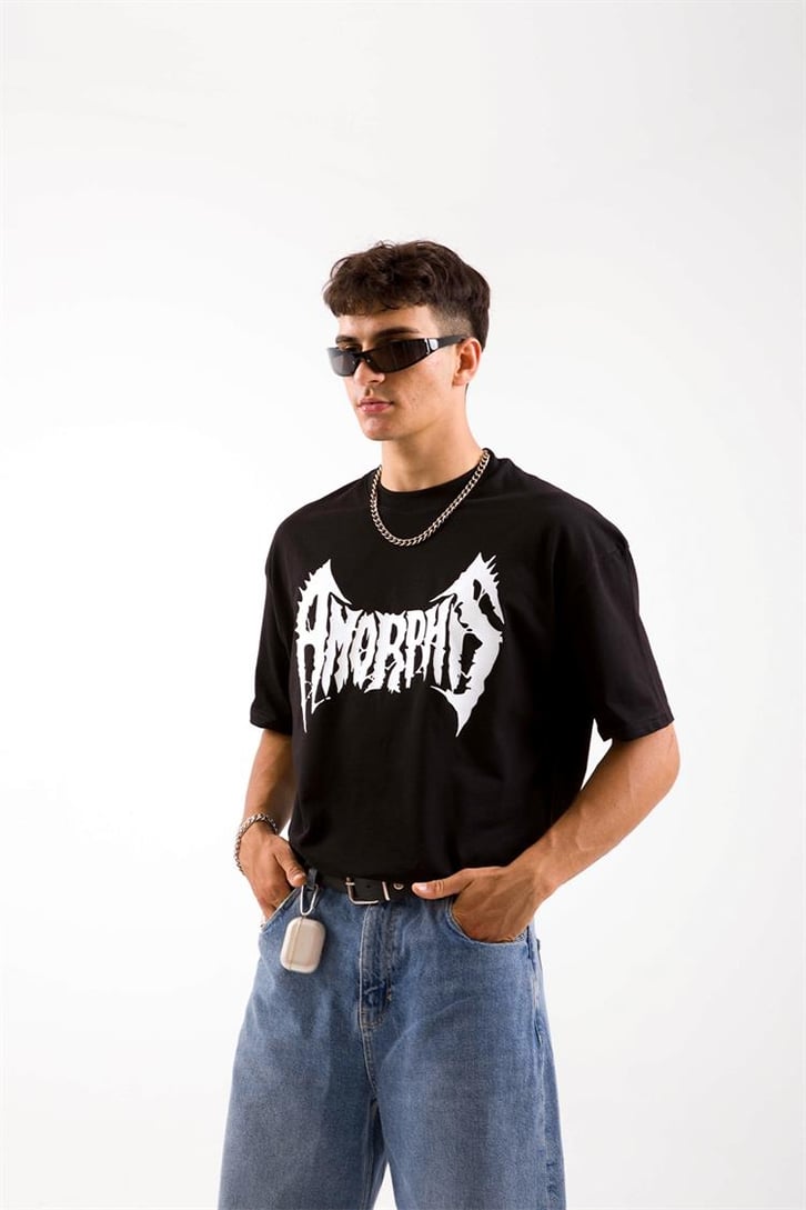 Amorph Baskılı Siyah Oversize Tişört