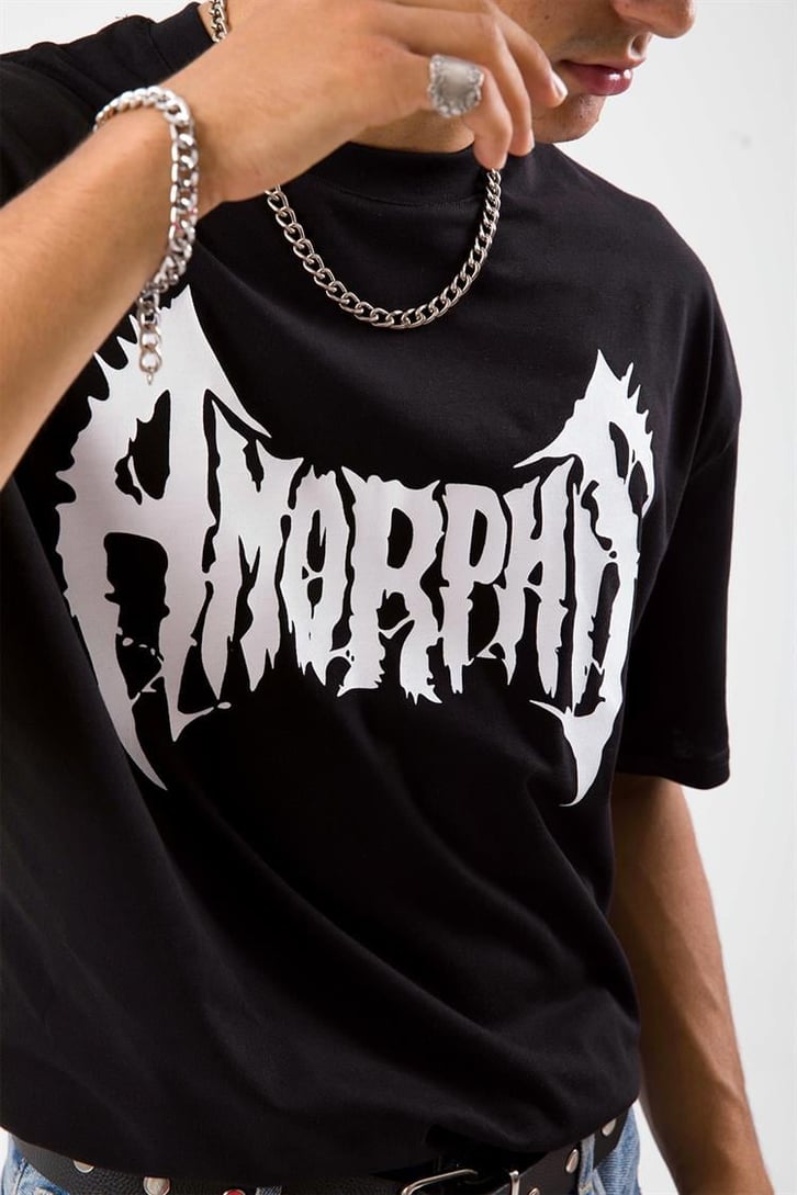 Amorph Baskılı Siyah Oversize Tişört