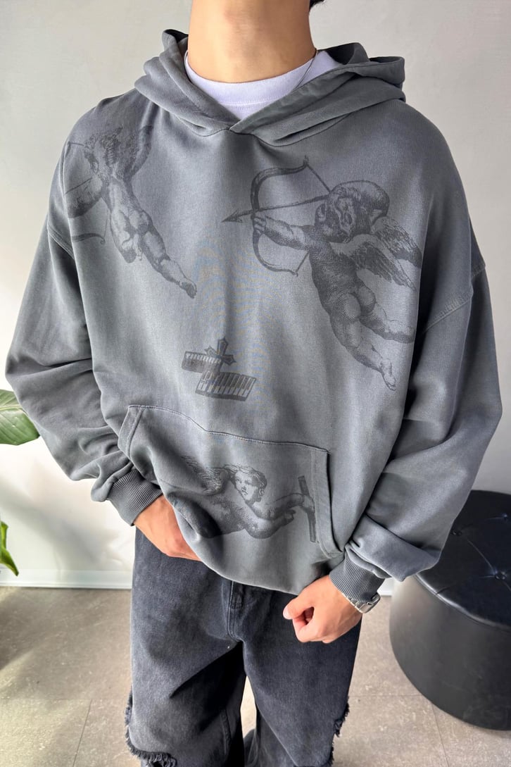 Angel Baskılı Oversize Hoodie