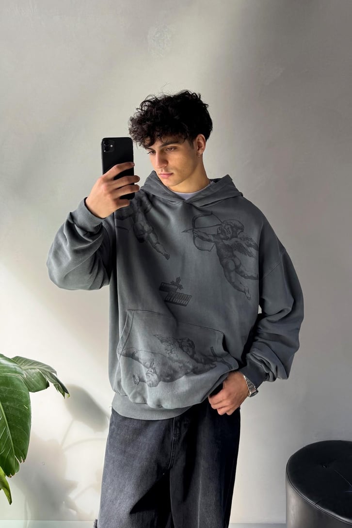 Angel Baskılı Oversize Hoodie