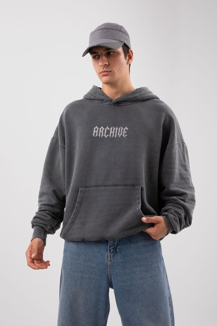 Archive Baskılı Acid Wash Oversize Hoodie