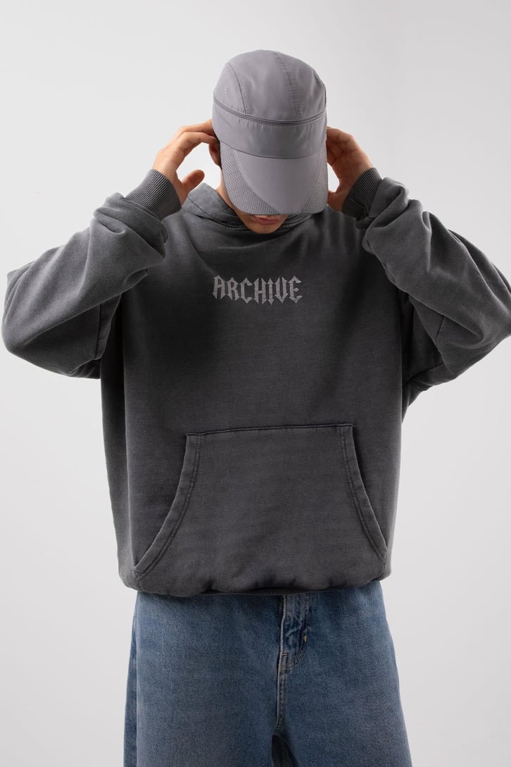 Archive Baskılı Acid Wash Oversize Hoodie
