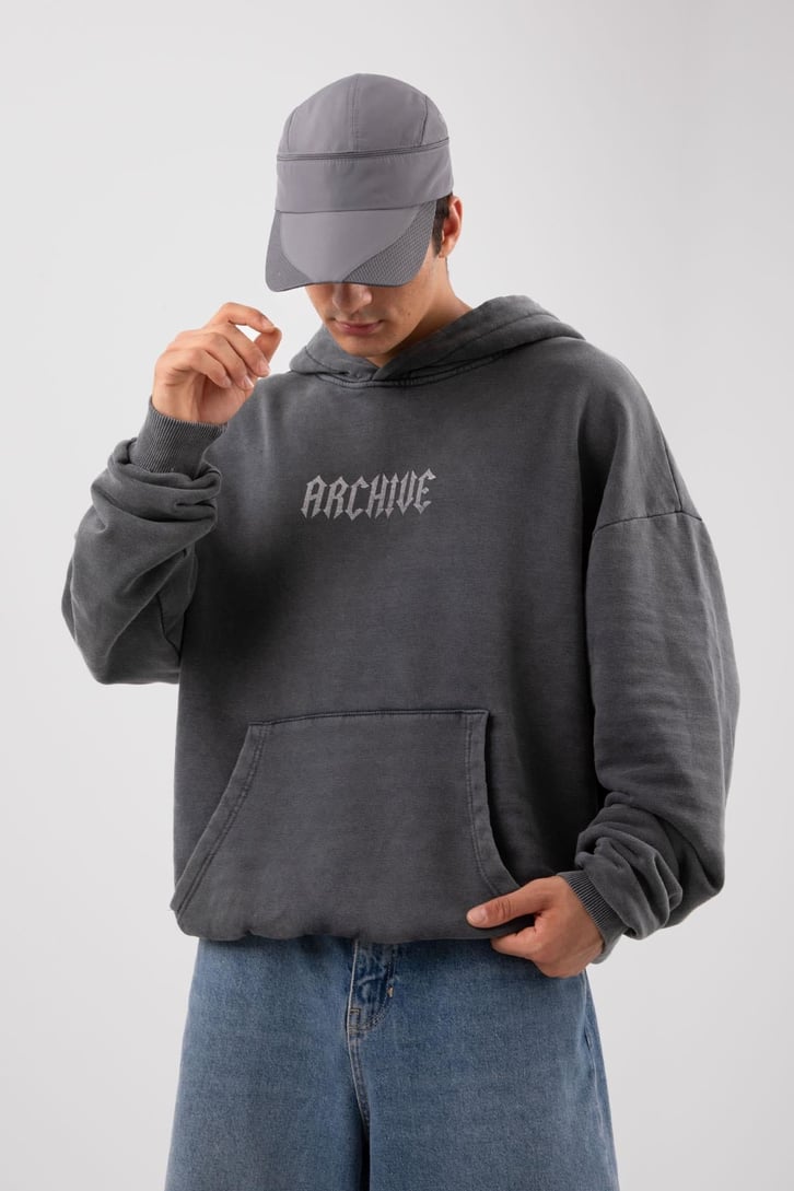 Archive Baskılı Acid Wash Oversize Hoodie