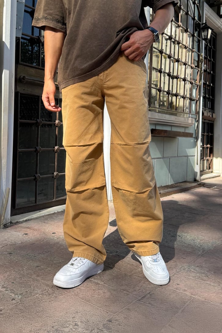 Arkası Kumaş İpi Detaylı Hardal Baggy Pantolon
