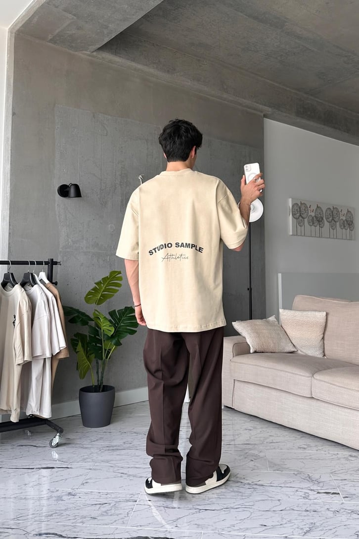 Athletics Baskılı Bej Oversize Tişört