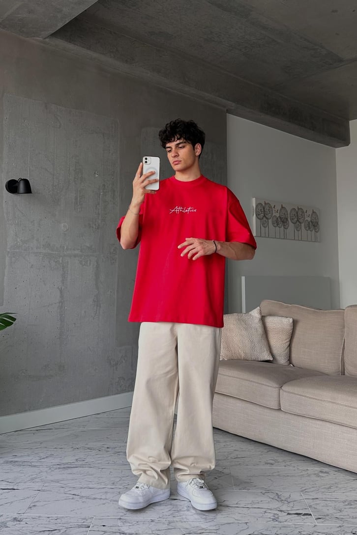 Athletics Baskılı Bej Oversize Tişört
