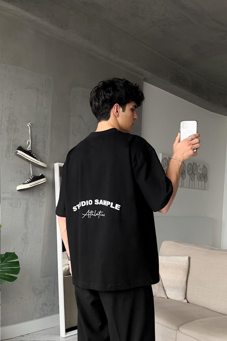 Athletics Baskılı Siyah Oversize Tişört
