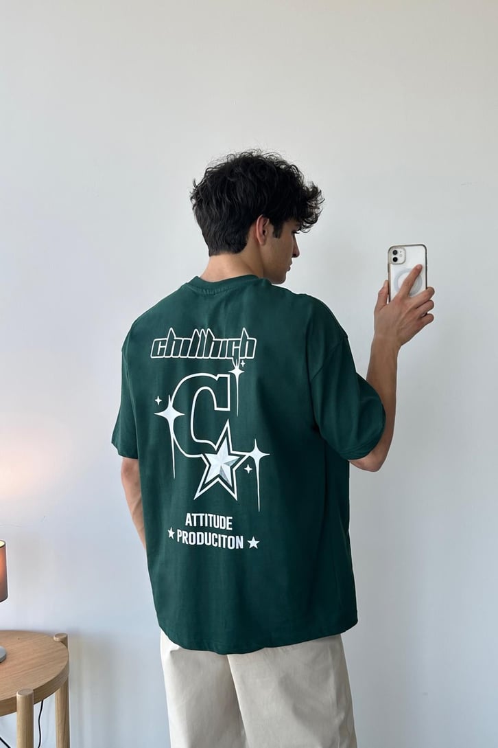 Attitude Production Baskılı Yeşil Oversize Tişört