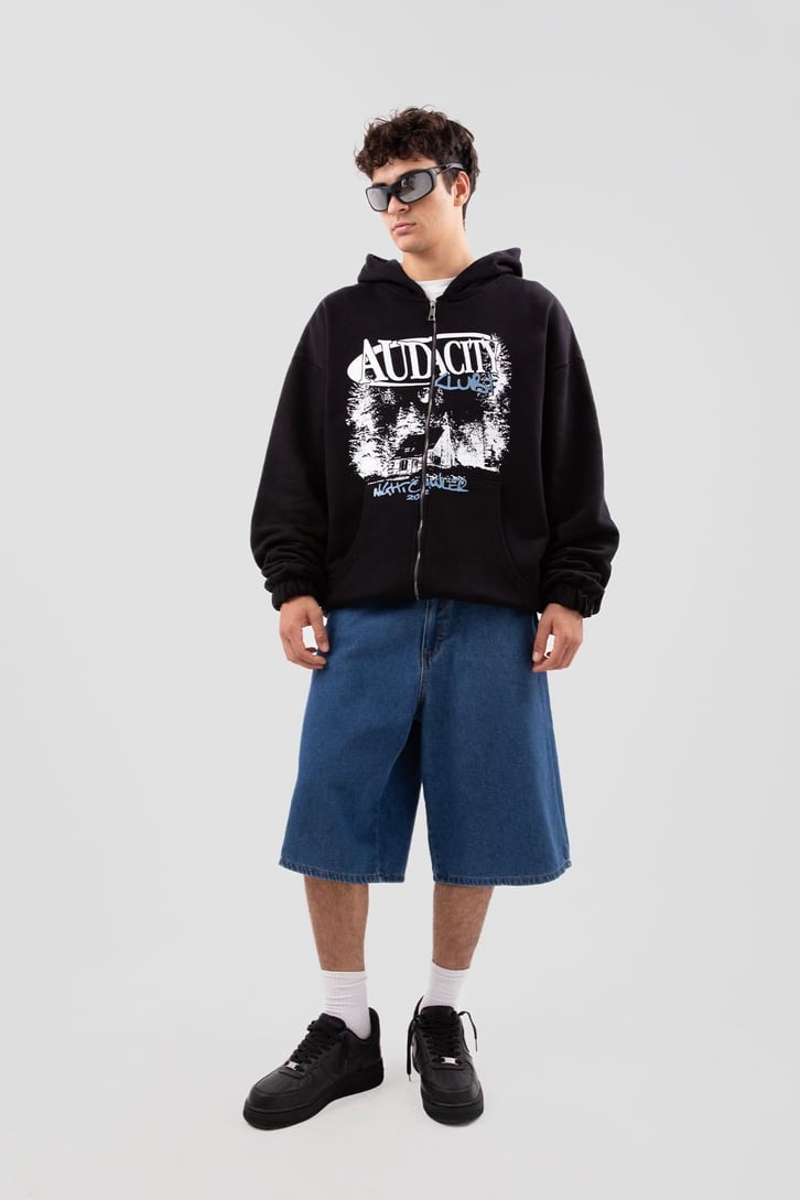 Auda City Club Plus Baskılı Siyah Oversize Hoodie