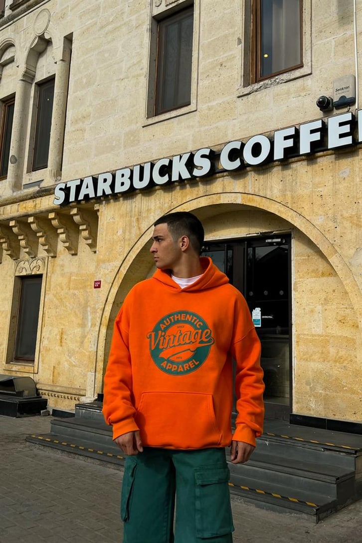 Authentic Apparel Baskılı Turuncu İçi Pamuklu Oversize Hoodie