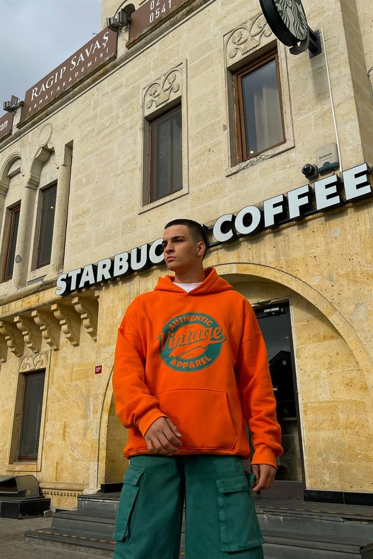 Authentic Apparel Baskılı Turuncu İçi Pamuklu Oversize Hoodie