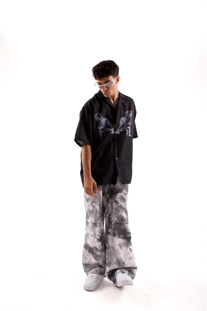 Ayarlanabilir Paça Gri Batik Desen Pantolon