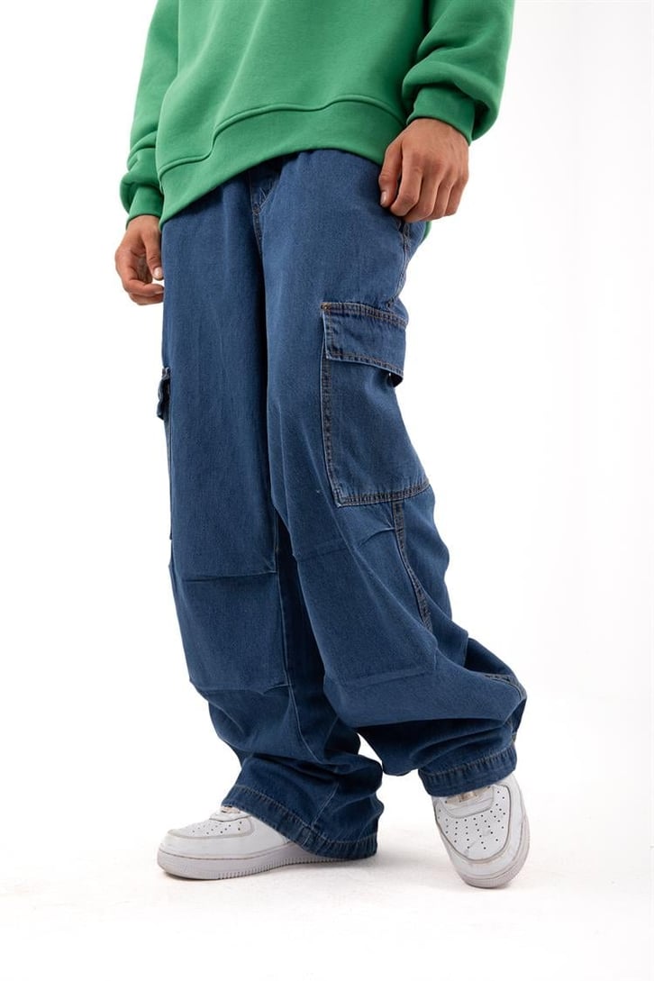 Ayarlanabilir Paça Kargo Cepli Mavi Baggy Jean