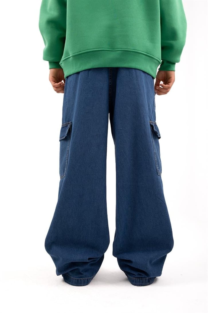 Ayarlanabilir Paça Kargo Cepli Mavi Baggy Jean