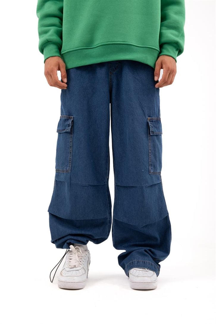Ayarlanabilir Paça Kargo Cepli Mavi Baggy Jean