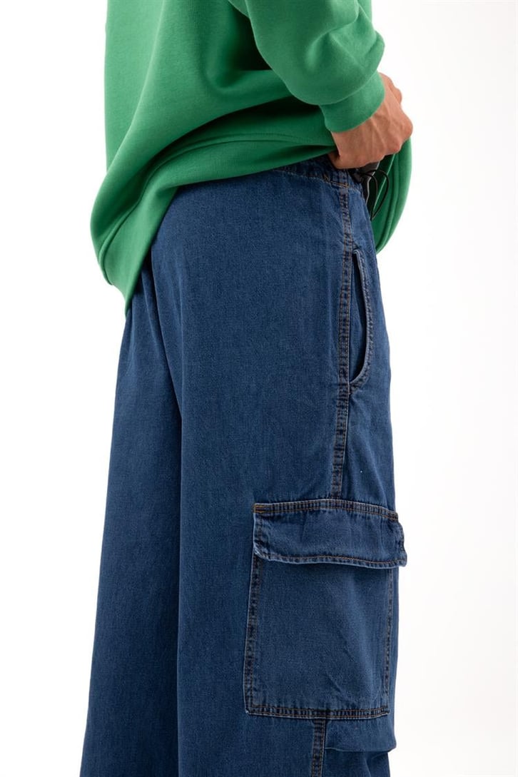 Ayarlanabilir Paça Kargo Cepli Mavi Baggy Jean
