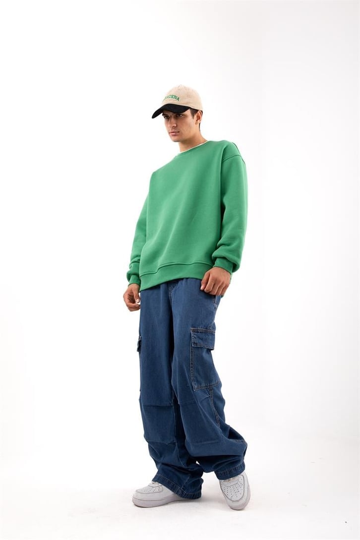 Ayarlanabilir Paça Kargo Cepli Mavi Baggy Jean