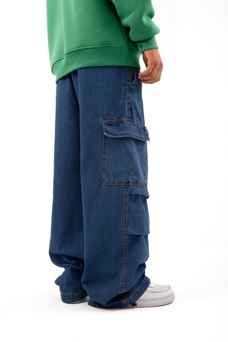 Ayarlanabilir Paça Kargo Cepli Mavi Baggy Jean
