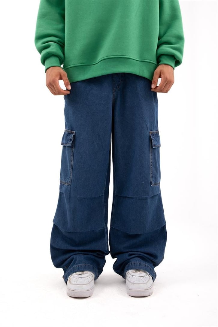 Ayarlanabilir Paça Kargo Cepli Mavi Baggy Jean