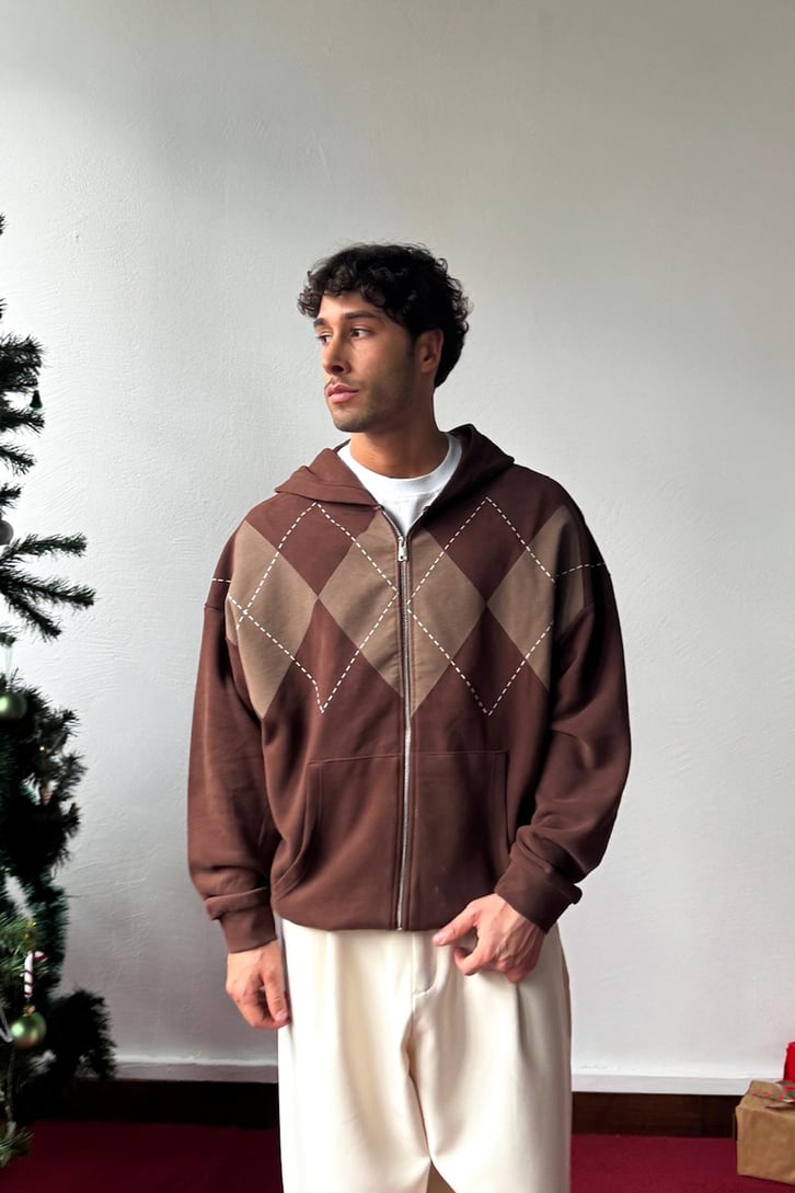 Baklava Desenli Zip Hoodie